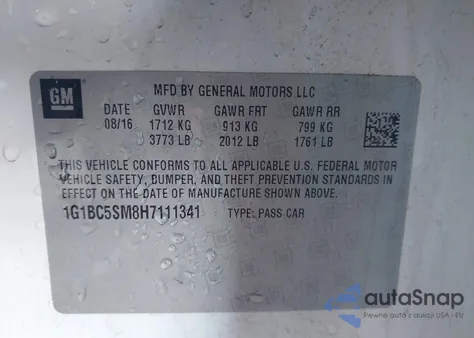 2017 Chevrolet Cruze Ls Auto из США, поврежденный, VIN 1G1BC5SM8H7111341